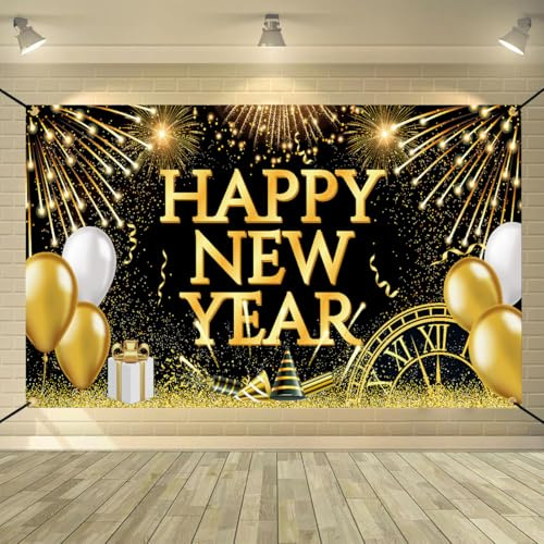 Silvester Deko Neujahrs Hintergrund Banner XXL Neujahr Dekoration, Happy New Year Stoff Banner für Silvester Thema Party Indoor und Outdoor