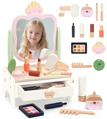 PairPear Holz-Kosmetikset für Kinder mit drehbarem Spiegel, Beauty-Salon Spielset mit 19 Zubehörteilen aus Massivholz, Geschenk für Mädchen ab 3 Jahren