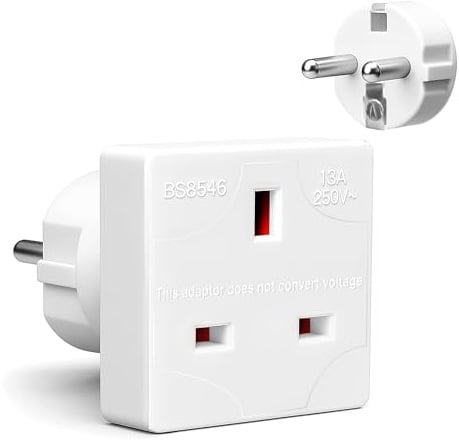 Desiretech EU Travel Adaptor - Pack of 1, UK 3 Pin to EU 2 Pin, Type G to Type C/E/F Plug Converter for European Trips, 13A 250V, Compact & Heat-Resistant, CE & UKCA Certified, White