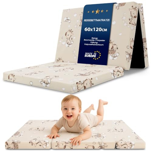 Klappmatratze Faltbare Reisebett Baby Matratze 60x120 cm - Faltmatratze für Kinder Gästematratze klappbar Babymatratze Bodenmatratze Schlafmatratze und Reisematratze 60 x 120 cm Giraffen
