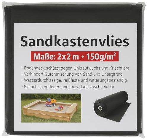 KAMACA Premium Sandkastenvlies 2x2 m 150g/m² Wasserdurchlässige reißfeste Vliesunterlage Sandkastenfolie für sauberen und unkrautfreien Sandkasten (Sandkastenunterlage 2x2m 150g/m²)