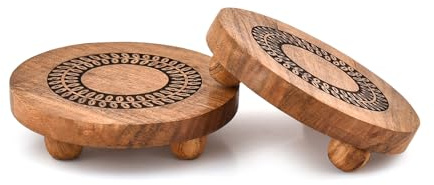 Indus Lifespace Pedestals Acacia Wood Round Set of 2 with Black Leaf Design Plant Stand, Farmhouse Countertop Organizer, Multi-Purpose Display (6 x 6 x 1.5)