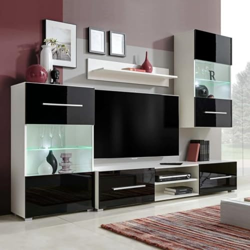 QJBSAVVA Ensemble de 4 pièces murales avec meuble TV noir brillant éclairage LED pour salon design moderne avec espace de rangement