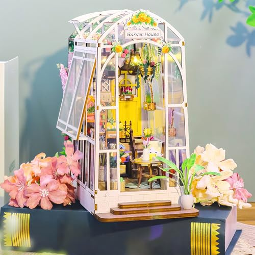 Spalivivre DIY Book Nook Kit Gartenhaus, Miniatur Haus mit Möbeln und LED-Licht, 3D Puzzle Buchstützen aus Holz, Geschenk für Erwachsene und Jungendliche