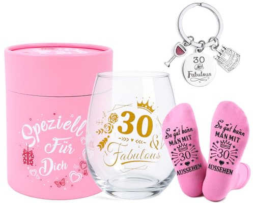 Aitsite 30. Geburtstag für Frauen – „30 & Fabulous“ Geschenkset mit Lustig Socken Weingläser & Schlüsselanhänger, Personalisierte Geburtstagsgeschenk Geschenkideen für Mama Schwester Kollege 450ml