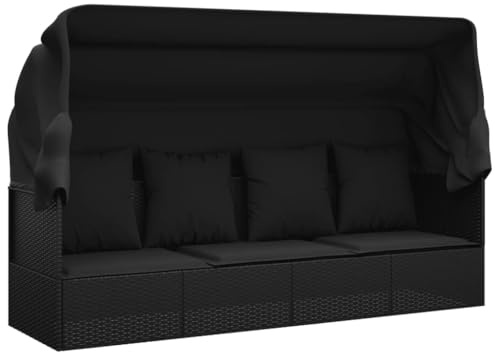 Tomostar Gartensofa, Schlafsofa, Gartenbank, Terrassenmöbel mit Dach und Kissen, schwarz, Polyratten