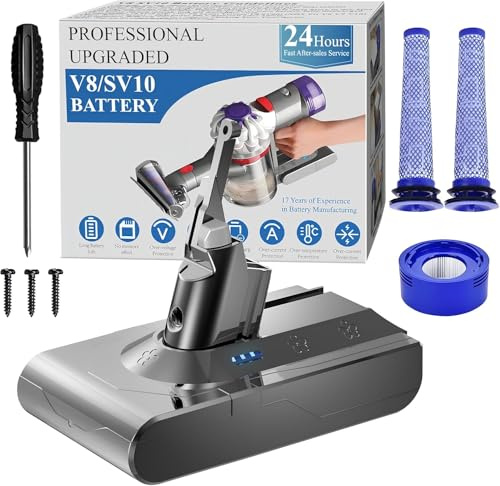 BOTKK Professional Replacement for Dyson V8 Battery SV10 SV25, Compatible with Dyson V8 Animal, Absolute, Motorhead, Fluffy, Animal Extra, Absolute Extra Series Vacuum Cleaners with 3 filters