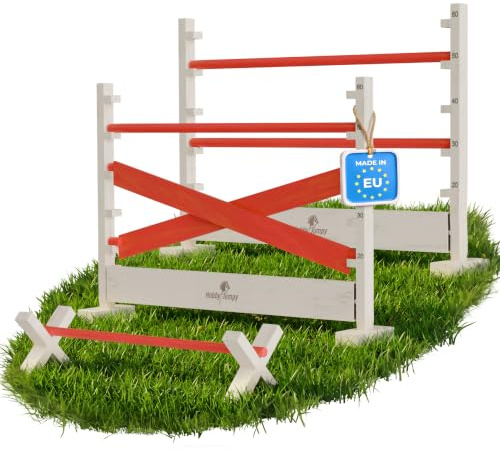 HobbyJumpy Hobby Horse Hindernisse Set höhenverstellbar – Magnet-Stecksystem massives Holz/Hobby Horsing/Hürden & Cavaletti für Kinder 3er-Set farbig
