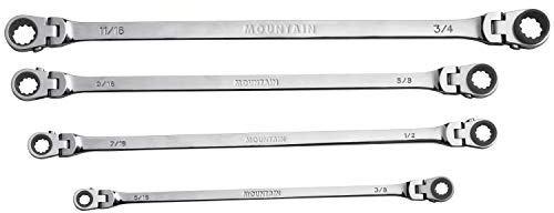 Mountain RF7 SAE Reversible Double Raised Box Ratcheting Wrench Set, Universal Spline, 90 Tooth Design, 180 Degree Rotating Head, Sizes 5/16, 3/8, 7/16, 1/2, 9/16 5/8, 11/16, 3/4, 4-Piece