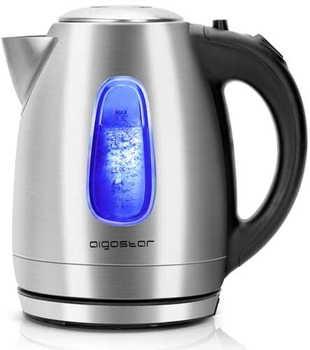 Aigostar Queen - Hervidor de Agua Eléctrico, con iluminación led, 1,7 litros, Libre de BPA, Acero Inoxidable, Filtro Antical, Sistema de protección contra la ebullición en seco, 2200W, Diseño exclusivo.
