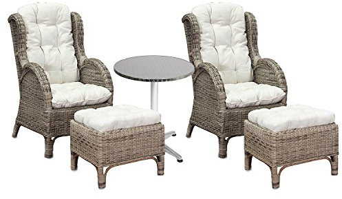 Mojawo Luxus Rattan Set 2 Stück Relaxsessel Korbsessel Rattansessel mit Hocker Ohrensessel mit Fußhocker aus Rattan, inkl. Polster in beige und 1 Stück Bistrotisch Aluminium