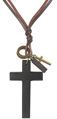 JewelryWe Holzkreuz Kreuz Halskette Herren: Schwarz Vintage Leder Kette mit Holz Kreuz Schrift Tag Ringe Anhänger Verstellbare Lederkette Lange Halskette Punk Schmuck Geschenk für Männer Frauen