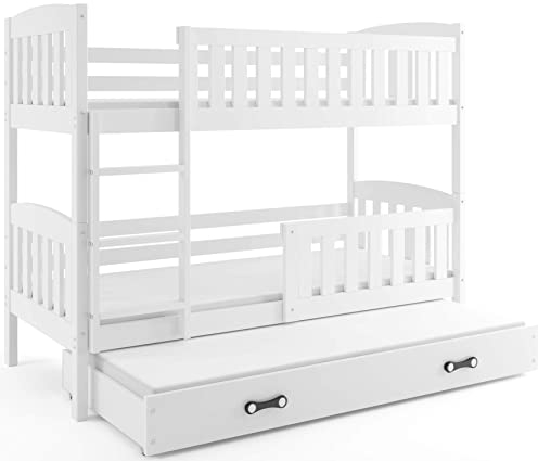 Interbeds Etagenbett Hochbett QUBA fur DREI Kinder 200x90cm Farbe: WEIß; mit Lattenroste und Matratzen (weiß + weiße Schublade)