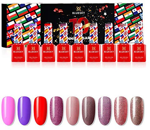 Bluesky Gel Nail Polish Set, 10 Year Anniversary - Full Collection. 9 x 5ml. Pink, Purple, Red, Mauve, Nude, Pastel, Fine Glitter (Requires curing under UV/LED Lamp)