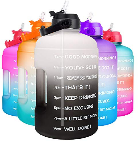 QuiFit 1 Gallon Water Bottle - with Straw & Motivational Time Marker Leak-Proof BPA Free Reusable Gym Sports Outdoor Large(128OZ) Capacity Water Jug(Gray/Black Gradient,1 Gallon)