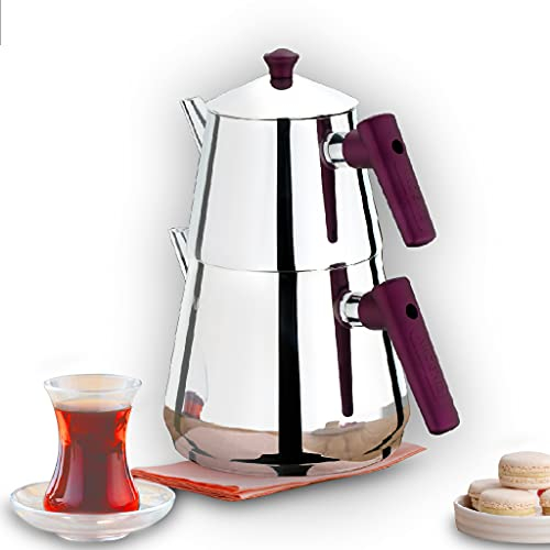 Damla - Juego de tetera turca de acero inoxidable para estufa, tetera y caldera de té, doble tetera turca con asas de baquelita, estilo Samovar (Midi, 3.4 ml)