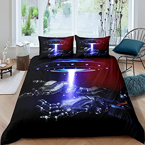 Roboter Bettwäsche-Sets 135x200 für Jungen Mädchen Ufo Weltraum Thema Bettbezug Set Roboterhände Trösterbezug Universum Kosmos Science Fiction Bettbezug Weiche Mikrofaser Kinderzimmerdekoration