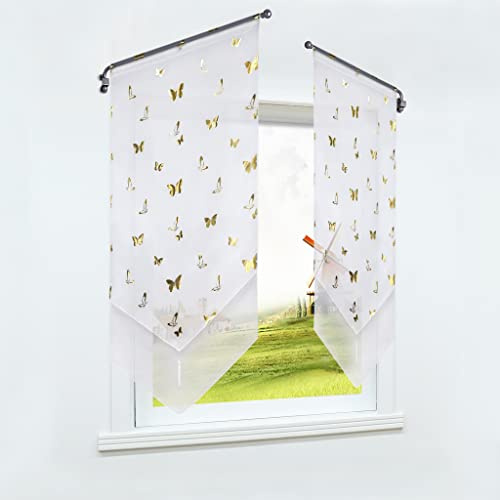 CORLIF Scheibengardine mit Tunnelzug Vorhang Küche Bistrogardinen Panneaux Voile Kurzgardine Transparent Gardinen mit Schmetterling Druck Gold BxH 40x90cm 1 Stück