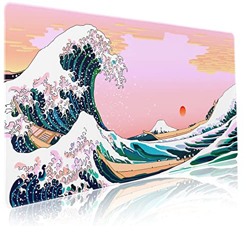 Cute Pink Mouse Pad Japanese Wave Kawaii Aesthetic Extended Desk Mat 90X40 CM Non-Slip Rubber Base Stitched Edge Large XXL Playmat for Keyboard Gaming Laptop Computer Office Desktop,35.4×15.7 in