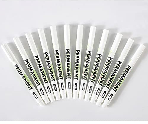TINAYAUE 12 Pack White Marker Pens 1mm Fine Tip Oil Based Markers Waterproof Paint Marker Permanent Marking White Paint Pen for Wood Rock Plastic Glass Stone Metal Ceramic Fabric Tire Black Labels