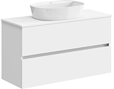 Baikal Mueble de Baño Onyx, 2 cajones, suspendido en Pared, con Lavabo cerámico. Mueble Montado, Melamina 16,Mueble F39 + Top + Lavabo 100 cm Blanco