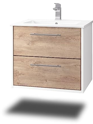 Stil.Zeit Evelia Badmöbel inkl. Waschbecken | Waschtisch mit Unterschrank 60.5 cm | Weiß/Dekor Eiche Natur| Metallgriffe/hängend