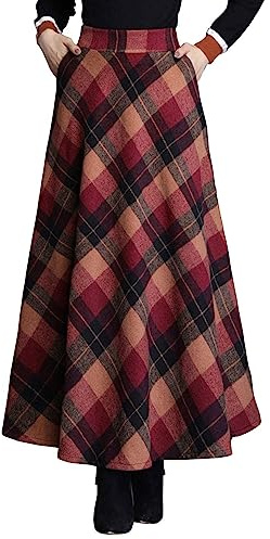 Ebossy Maxi gonna lunga da donna a vita alta in misto lana, scozzese, svasata, con tasca (S, rosso)