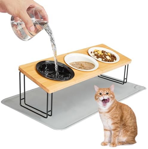 Ousiya Katzennapf Erhöht - 3er Set Futternapf Katze aus Keramik mit Napfunterlage Silikon - 15° geneigtes Design für optimale Fütterungshaltung, Erbrechen