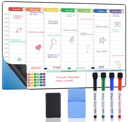 POPRUN Lavagna Bianca Cancellabile Calendario, Lavagna Settimanale Adesiva da Parete/Frigo, Perfetta per Lavagnetta da Cucina, Agenda Famiglia, Pianificare I Pasti, 42×28cm - in Italiano