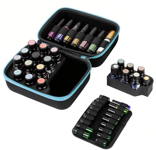 Vueinrg Tasche für Ätherische Öle Aufbewahrung 30 Flaschen Ätherische Öle Koffer 10ml Ätherische Öle Tasche Eva Stoßfest Tragetasche mit Griff Aufbewahrungsbox für Aromatherapie Öle (Blau)