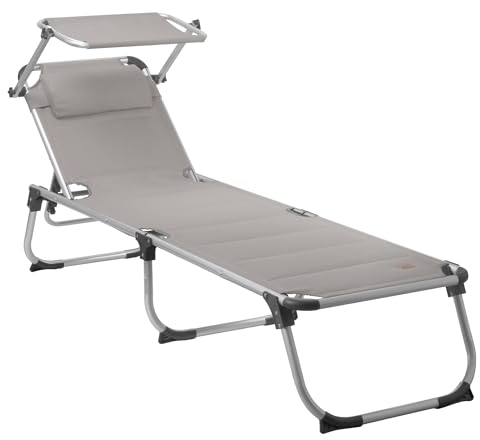CampFeuer Sonnenliege mit Dach | Grau | Alu Campingliege, Liegestuhl, Relaxliege | Gartenliege mit Sonnendach, Angelliege, Strandliege verstellbar | Klappliege, Terassenliege, Outdoorliege