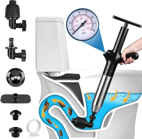 WC-Saugglocke, Hochdruck-Luftablass-Blaster-Pistole mit visuellem Barometer, Schlangenablauf-Verstopfungsentferner, Edelstahl-Toilettenkolben, Luftkolben für Toilette, Badezimmer, Waschbecken, Küche,