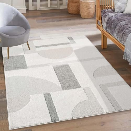 carpet city Kurzflor Teppich Grau, Creme - 140x200 cm - Wohnzimmer-Teppiche Hochtief-Muster, 3D-Effekt - Geometrisches Muster - Flachflor Bodenbelag, Deko Schlafzimmer