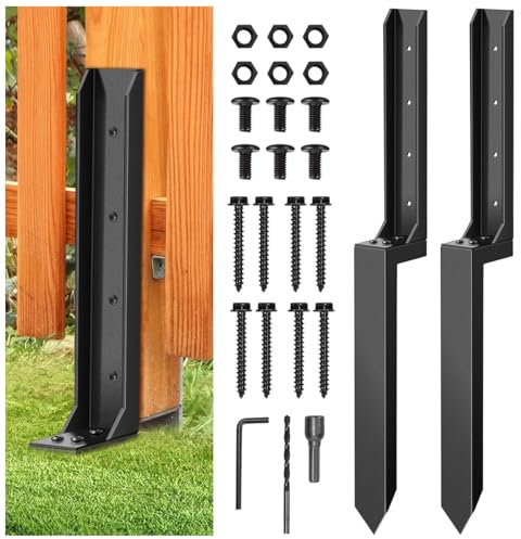 2 PC Heavy Duty Fence Post Repair Stakes, Steel Fence Post Repair Kit with Nails, Drill, Garden Fence Ground Spike for Reinforcement, Ground Spike for Tilted/Broken Wood Fence