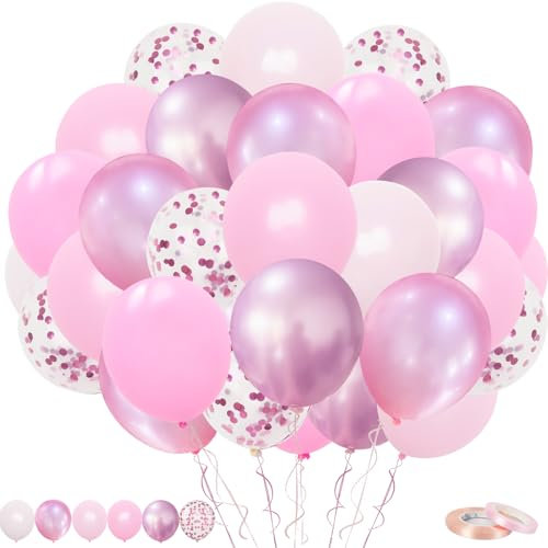 Luftballons Rosa, 60 Stück Rosa Ballons, 12 Zoll Macaron Pastell Metallisc Rosa Konfetti Ballons mit Band für Mädchen Babyparty Hochzeit Geburtstag Brautparty Deko
