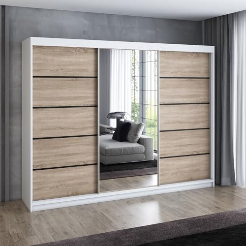 A&J MöbelLand Schwebetürenschrank VILANO 2, 3-türig Schrank 200 cm Kleiderschrank mit 4 Schubladen, und Spiegel (Weiß, Schwarz, Somona) (Weiß/Sonoma/Sonoma)