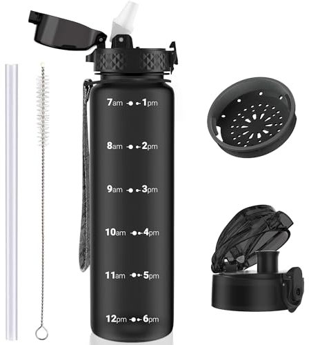 OLDLEY 1L/32oz Sports Water Bottle with 2 Different Lids, 1000ml Motivational Leakproof Drinks Bottle with Time Markings & Lock Cover, BPA Free for Gym Cycling Running Travel
