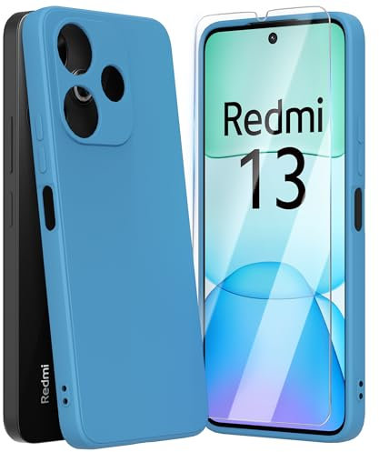 HOWKEKER Cover per Xiaomi Redmi 13 4G custodia con 1 Pezzi Pellicola Vetro Temperato, Custodia in Morbida Silicone Liquido Sottile Antiurto Cover per Xiaomi Redmi 13 4G (6.79) - Blu