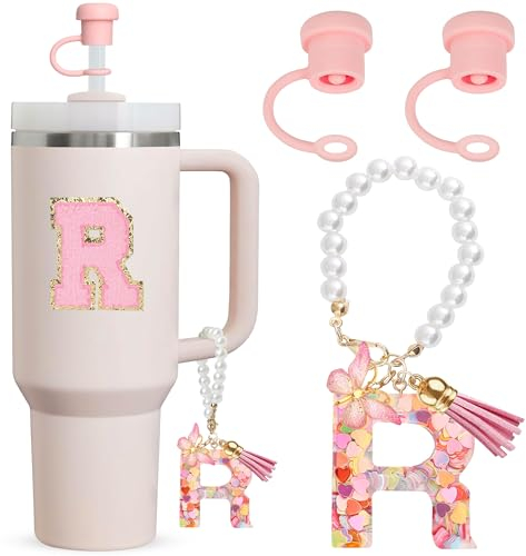 Letter Cup Accessories,4pcs Includs 2pcs Dustproof Straw Topper,1pc Charm Accessories for Cup and 1pc Personalized Name ID A-Z Pearl Hangings Letter Stickers (R)