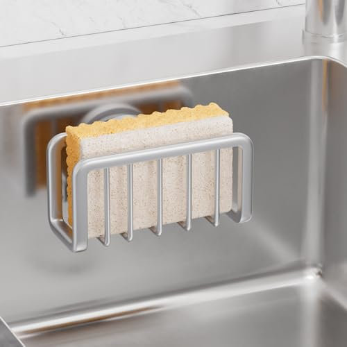 TAILI Porte-éponge pour évier de Cuisine avec Forte Ventouse, Support d'évier en Aluminium antirouille pour Torchon, Porte-éponge Amovible Cuisine, Brosse à Vaisselle - Argent