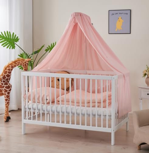 ALAVYA HOME® Komplettbett Babybett 70x140 mit Matratze, Himmel und Himmelstange aus Buchenholz (Tobi - Matratze + Himmel Rosa + Himmelstange, 70 x 140 cm)