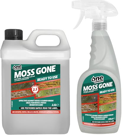 One Chem Moss Gone Moss Killer, 2.5 Litres and 750 ml, For Paths, Patios, Roofs, Walls, Tarmac, Gravel