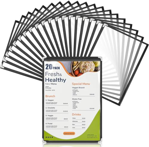 20 Pack A4 Menu Covers, WenYa Clear Recipe Card Holders with Black Trim & Metal Corners, Waterproof Plastic Restaurant Menu Holders for Cafés, Pubs & Home Use - 1 Page (2 Views)