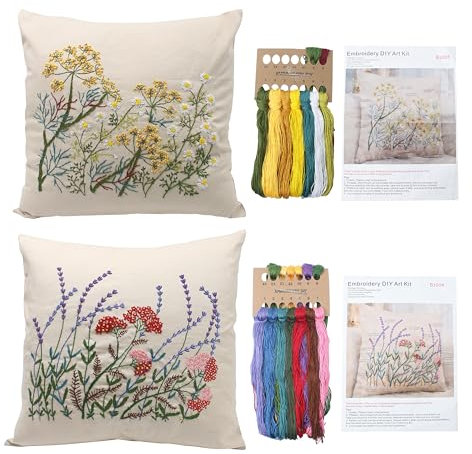 Lot de 2 kits de taies d'oreiller à broder comprenant une housse de coussin avec grands dessins et fermeture éclair, des fils, des aiguilles et des kits d'instructions pour l'artisanat en dentelle