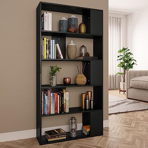 Myheimly Bücherregal Raumteiler mit 5 großen Fächern Wandregal Standregal Aktenregal Raumtrenner Büroregal Regal 80x24x159cm Holzwerkstoff Schwarz