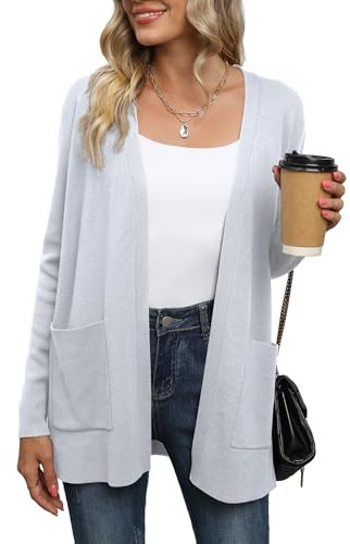 Yommay Cárdigan para mujer elegante suelto casual ligero otoño manga larga suéter con bolsillos, gris claro, L