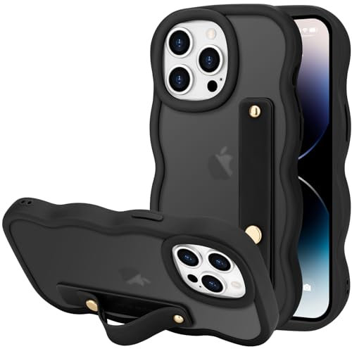 LLZ.COQUE for iPhone 14 Pro Max Case, Curly Wave Frame with Adjustable Hand Strap Stand Phone Case, Translucent Matte Back Anti-scratch Shockproof Bumper Cover for iPhone 14 Pro Max, Black
