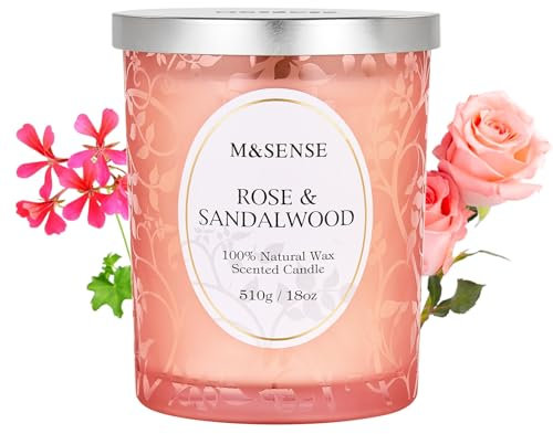 M&SENSE Bougie Parfumées Rose et Santal | 510 g, jusqu’à 100 h de combustion Sa fragrance sophistiquée et durable instaure une ambiance élégante, idéale comme cadeau de Noël pour elle