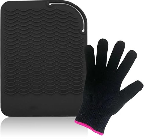 Souvik Hitzeschutzset für Glätteisen und Lockenstab Silikonmatte und Hitzeschutzhandschuh für Haarglätter Kreppeisen und Haarstyling Werkzeuge Rutschfest und Hitzebeständig Schwarz