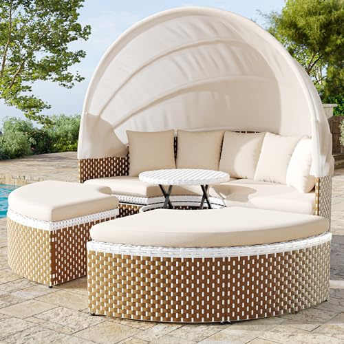 Zepneiy Gartenmöbel Set Lounge Möbel Outdoor, Muschel Garten Schlafsofa mit ausziehbares Baldachin und anhebbare Tischplatte, Multifunktionale Doppelliege Sonnenliege, Für Balkonmöbel, Rattan Beige